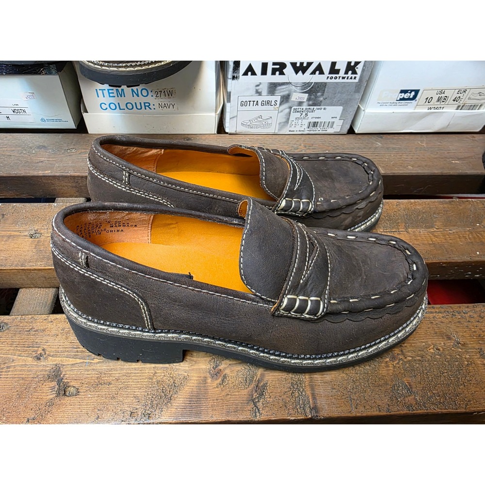 Candies Vintage Brown Leather Lug Sole Loafers Contrast Stitch 90s Preppy 10